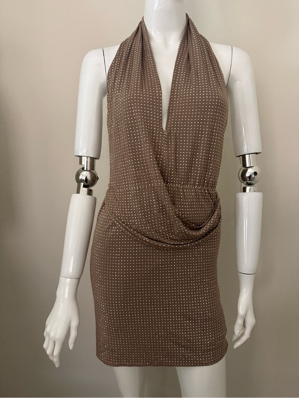 Marineblu Brown Halter Mini Dress with Gold Dots